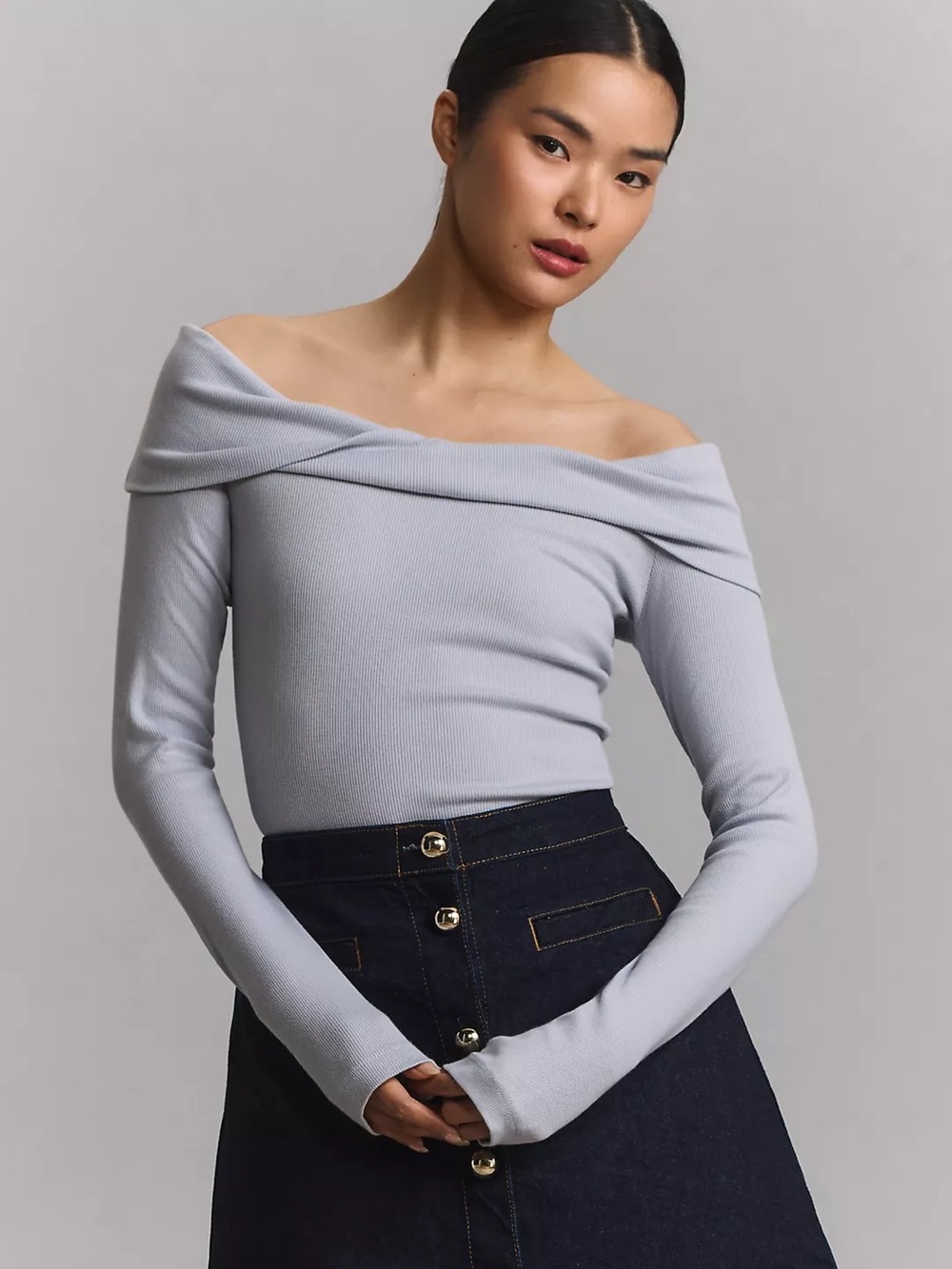 Pilcro Anthropologie Off Shoulder Ribbed Long Sleeve Top Ice Blue Size M